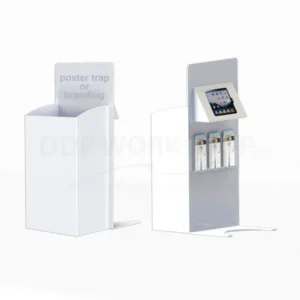 Acrylic dump bin display with integrated iPad holder and brochure pockets by DDP Workshop.