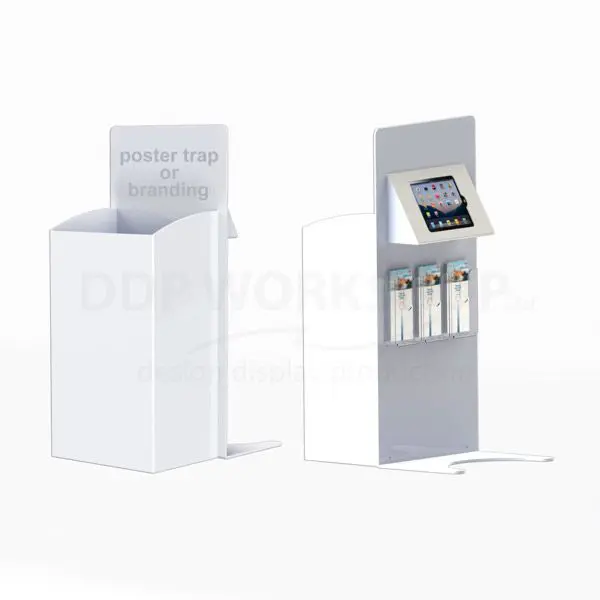 Acrylic dump bin display with integrated iPad holder and brochure pockets by DDP Workshop.