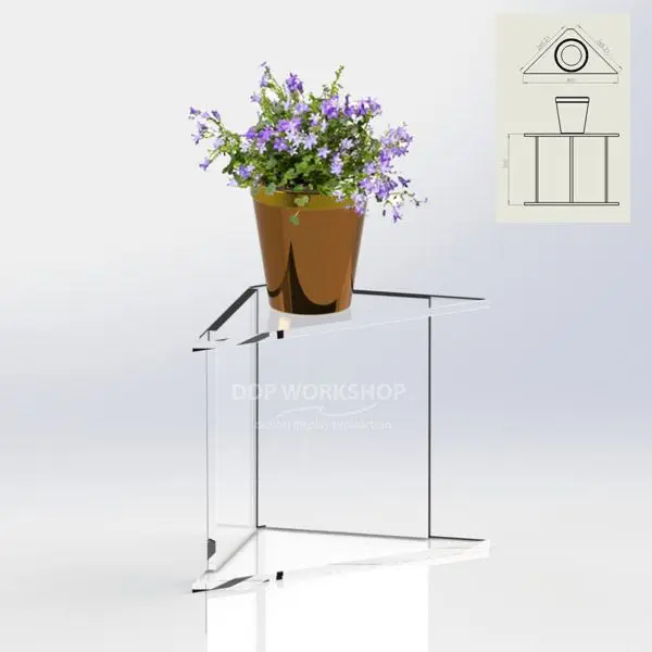 Clear acrylic Florence Corner Table with a single shelf, holding a flower pot and designed with a triangular shape to fit neatly into corners.