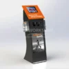 Swan-shaped black multimedia display stand with orange iPad holder, poster panel, and side leaflet pockets.
