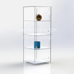 Clear acrylic 4-shelf display case with hinged doors and minimalist design, containing a few decorative items on individual shelves.