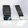 Clear acrylic desktop mobile phone stand with branding, designed by DDP Workshop.