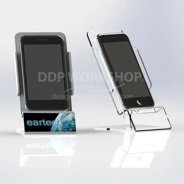 Clear acrylic desktop mobile phone stand with branding, designed by DDP Workshop.