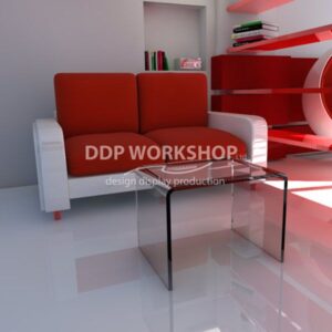 Clear acrylic coffee table with curved edges placed in a modern living room setting with red and white furniture