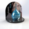 Cosmetic display plinth with curved POS header and featured perfume bottle