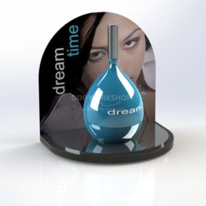 Cosmetic display plinth with curved POS header and featured perfume bottle
