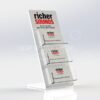 White acrylic upright business card holder with clear tiered pockets and branding area.