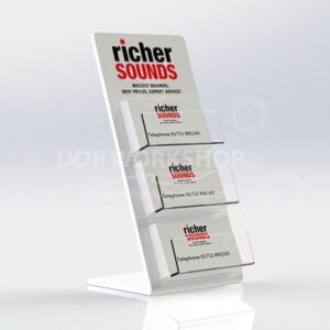 White acrylic upright business card holder with clear tiered pockets and branding area.