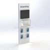Freestanding multimedia display unit with 15-inch screen, product case, A3 poster trap, and DL leaflet holders.
