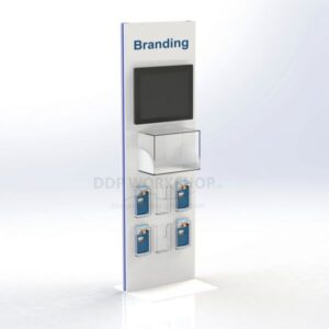Freestanding multimedia display unit with 15-inch screen, product case, A3 poster trap, and DL leaflet holders.