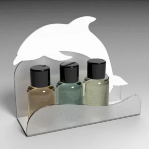 Frosted acrylic toiletry holder with a white dolphin silhouette backing, displaying three mini bottles.