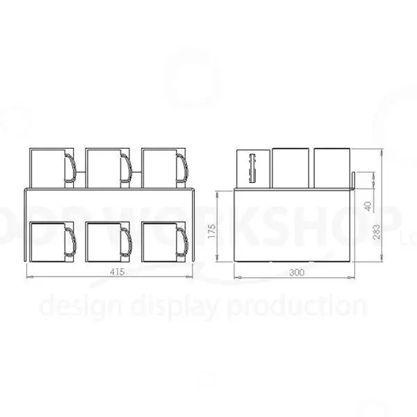 Technical drawing showing mug placements on top and underneath the Mug Display Bridge