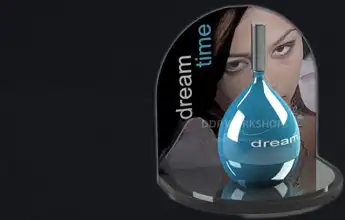 Stylish cosmetic display stand featuring a blue perfume bottle labeled "Dream" with a backdrop of a woman's face, designed by DDP Workshop.