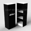 Branded black and white 2XU floor standing retail display unit with internal shelving, created by DDP Workshop.