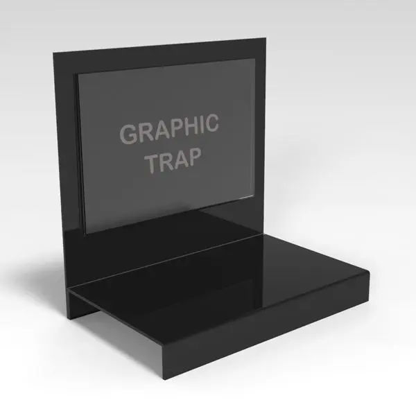 White countertop product glorifier display with A5 landscape graphic pocket, designed by DDP Workshop.