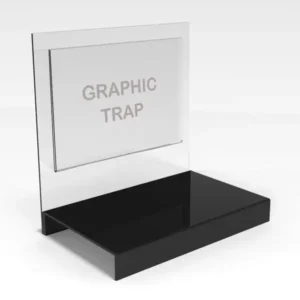 White countertop product glorifier display with A5 landscape graphic pocket, designed by DDP Workshop.