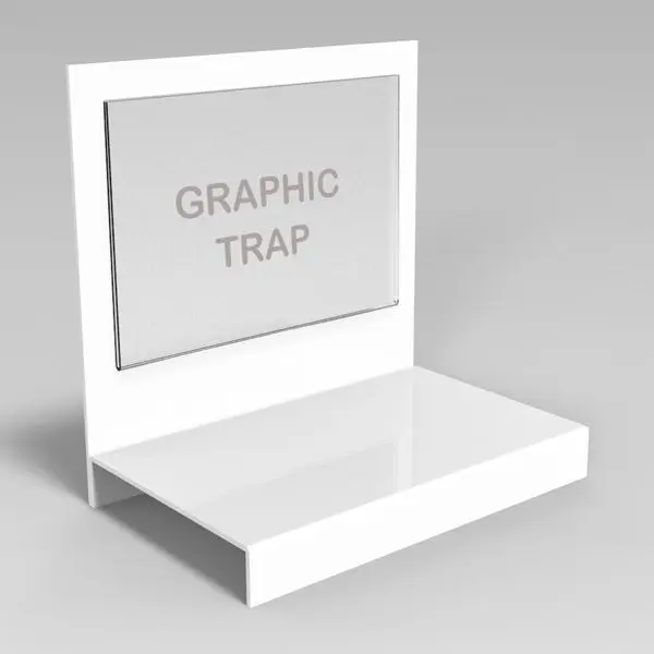 White countertop product glorifier display with A5 landscape graphic pocket, designed by DDP Workshop.